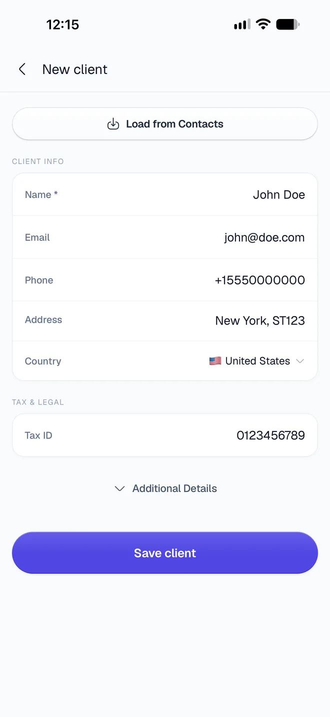 The New client form filled in for John Doe, with email, phone, address, United States and a tax ID