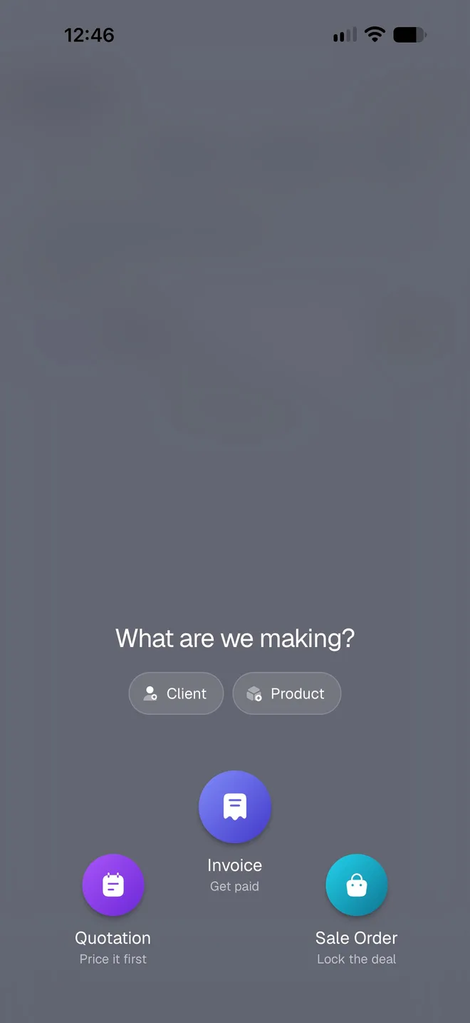 The What are we making? menu, with Quotation, Invoice and Sale Order buttons and Client and Product shortcuts
