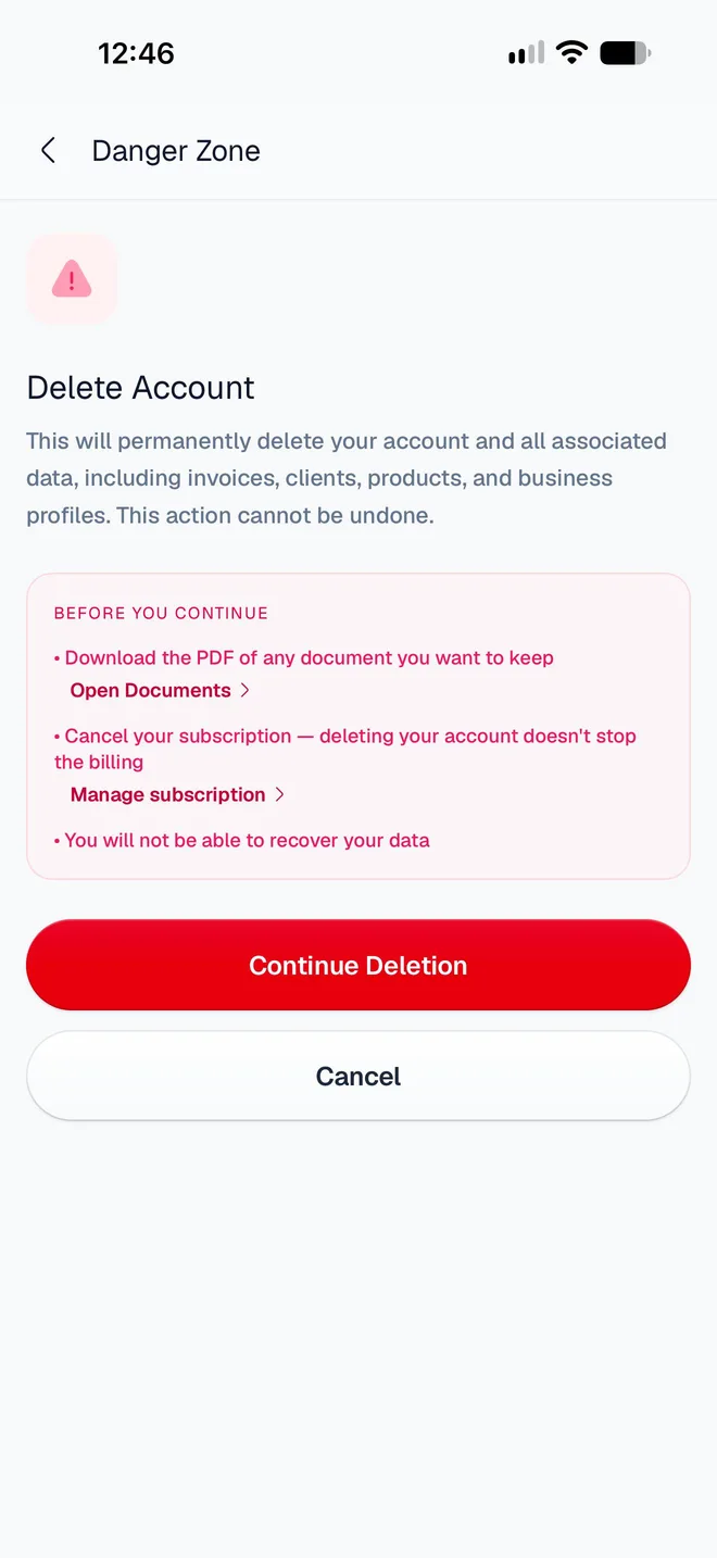 Delete Account warning, with Before you continue: download your PDFs, cancel your subscription, and data can't be recovered, then Continue Deletion