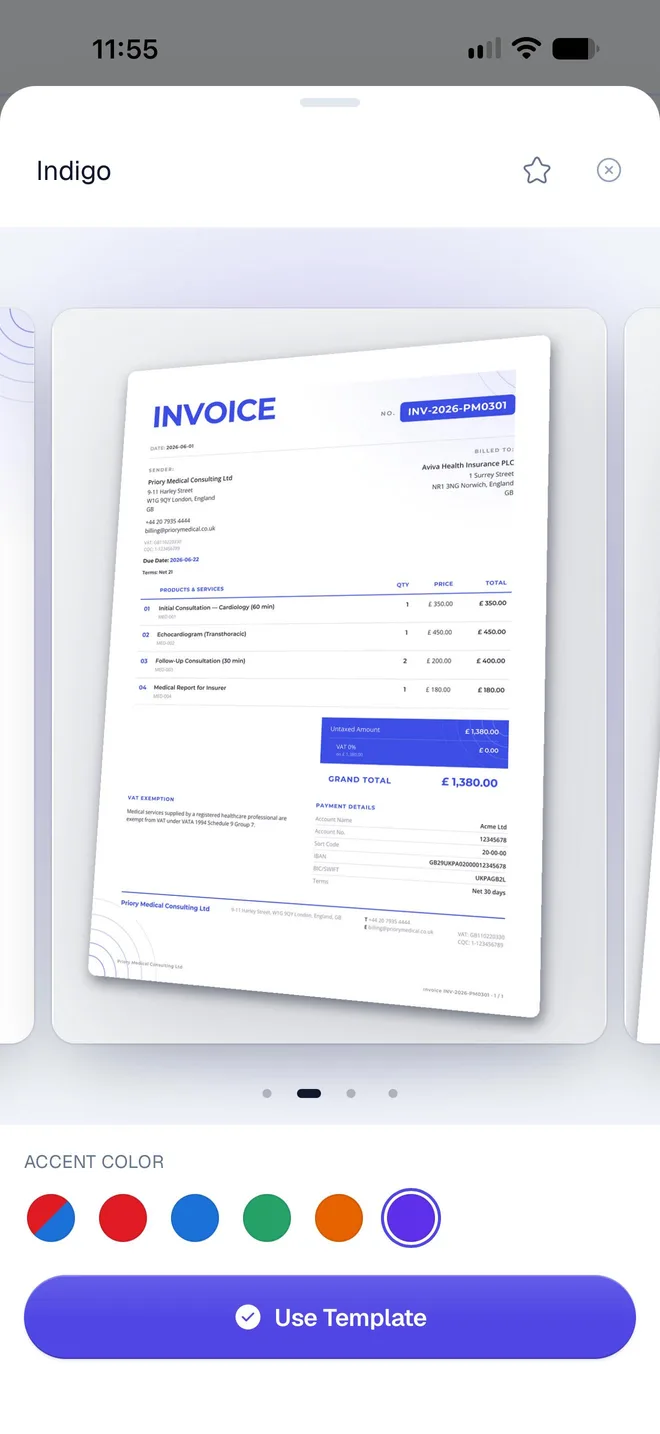 The second sample page of the Indigo design, a medical consultation invoice in pounds