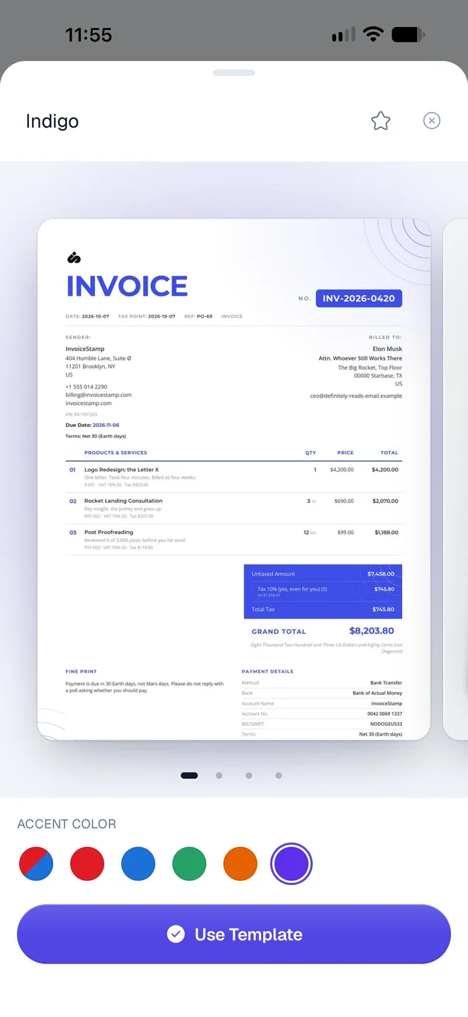 The Indigo design's preview with a sample invoice, the Accent color swatches and a Use Template button