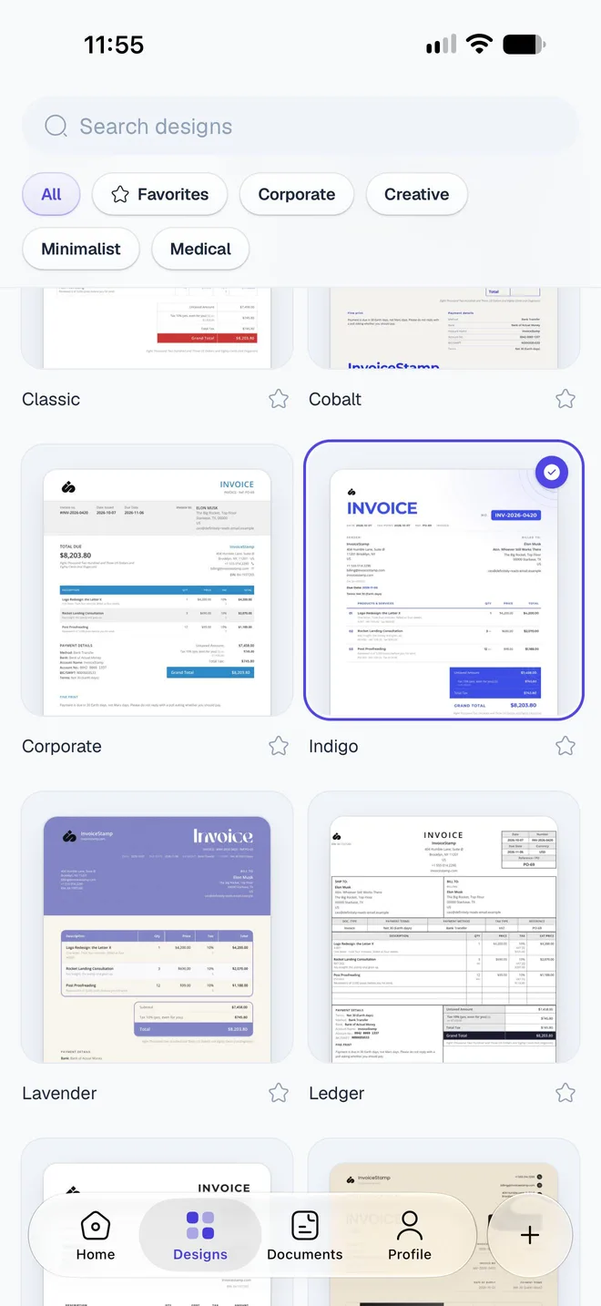 The Designs tab with the Indigo card outlined and ticked as the design in use