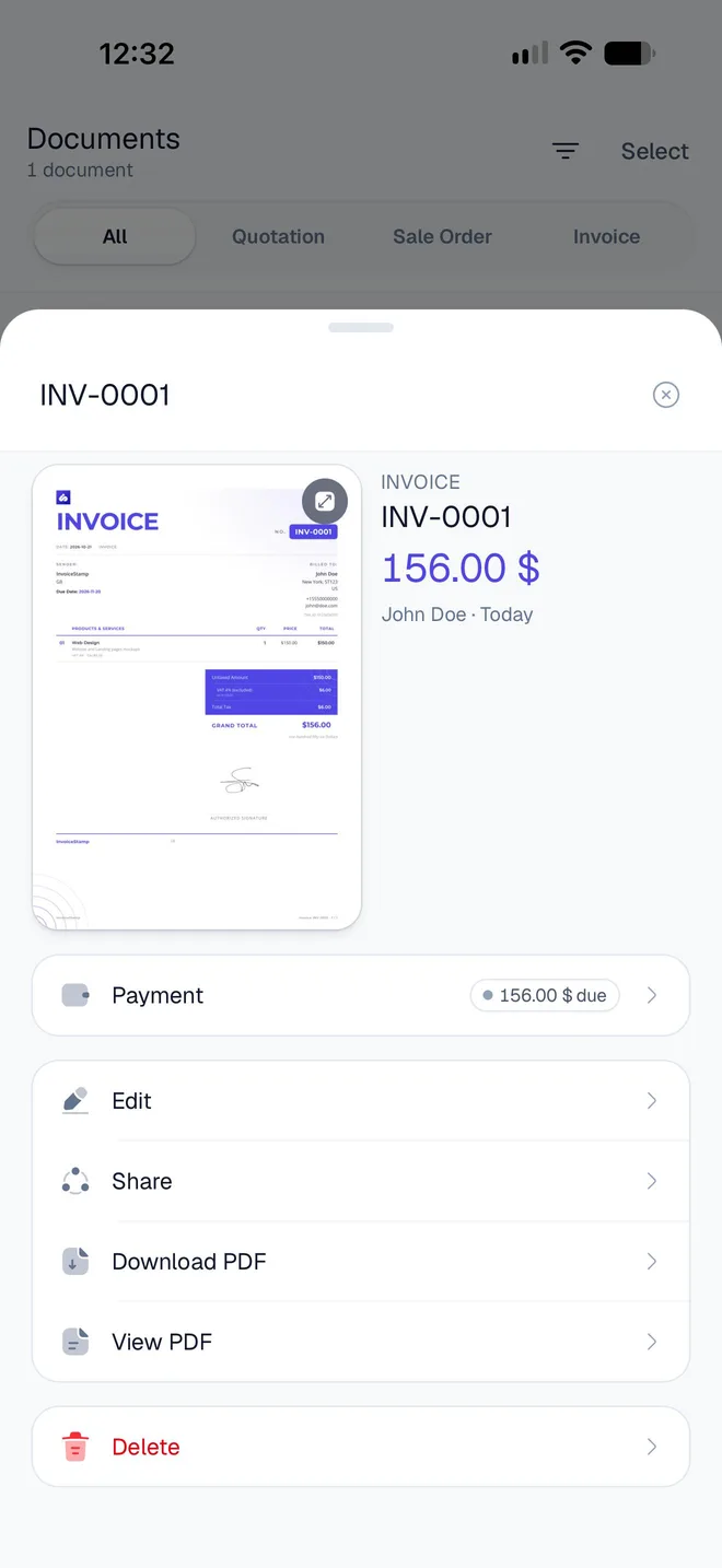 The sheet for invoice INV-0001, 156.00 dollars for John Doe, with a Payment row showing 156.00 dollars due above Edit, Share, Download PDF, View PDF and Delete