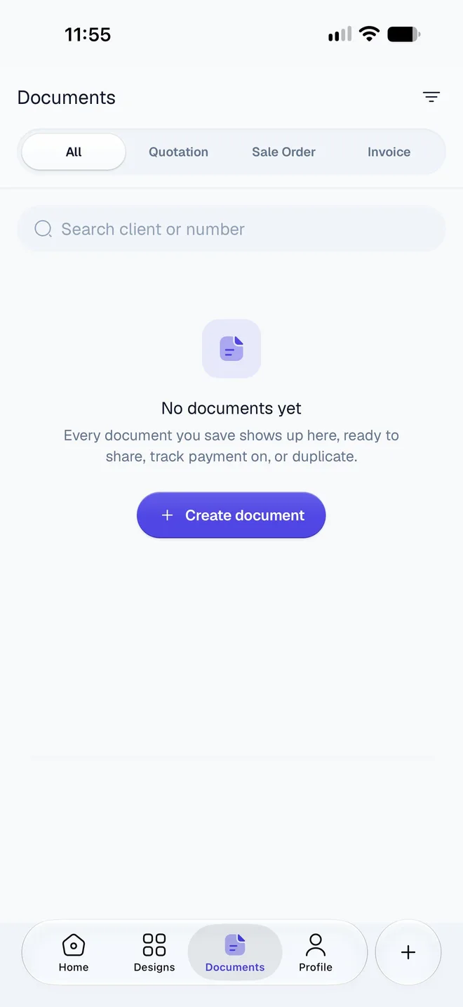 The Documents tab before anything is saved: No documents yet, with a Create document button