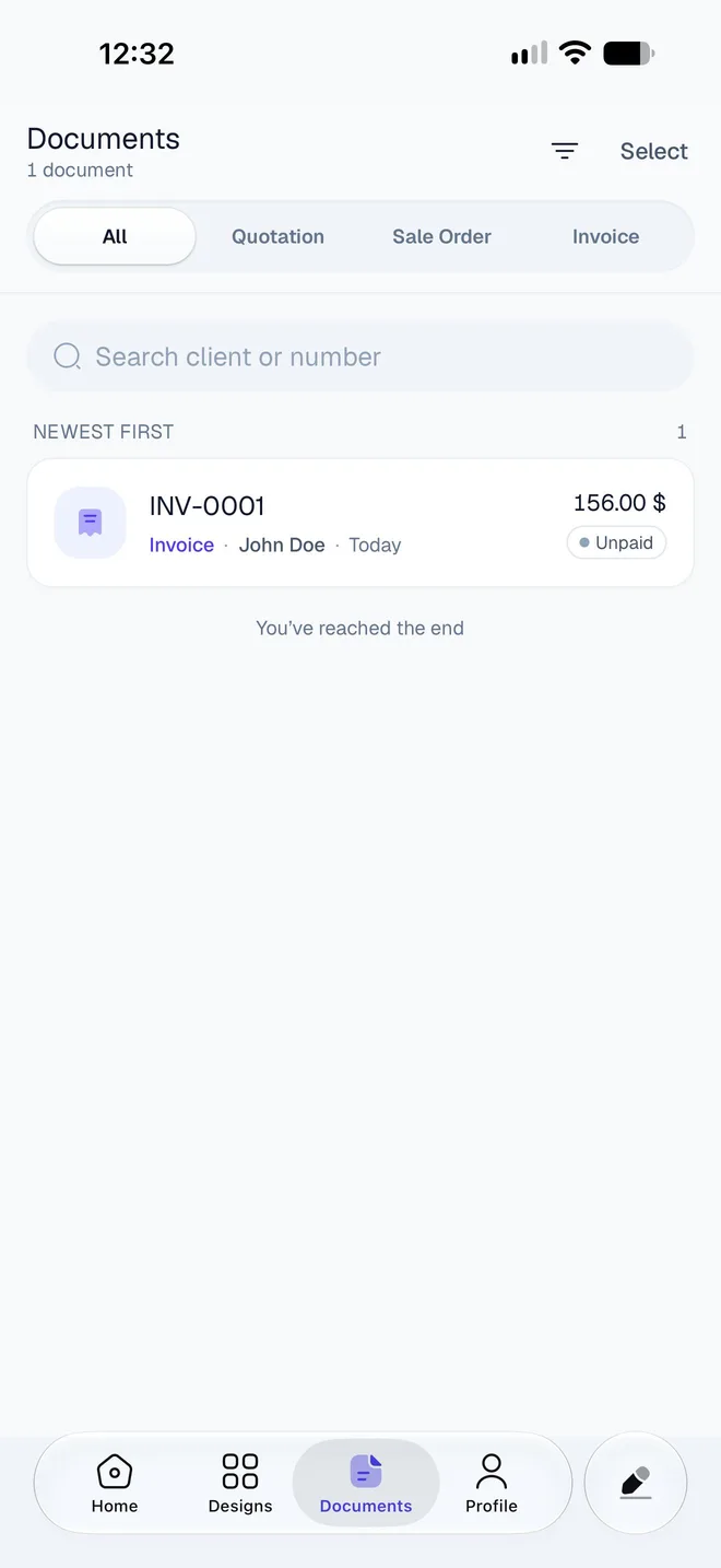 The Documents tab listing invoice INV-0001 for John Doe, 156 dollars, Unpaid