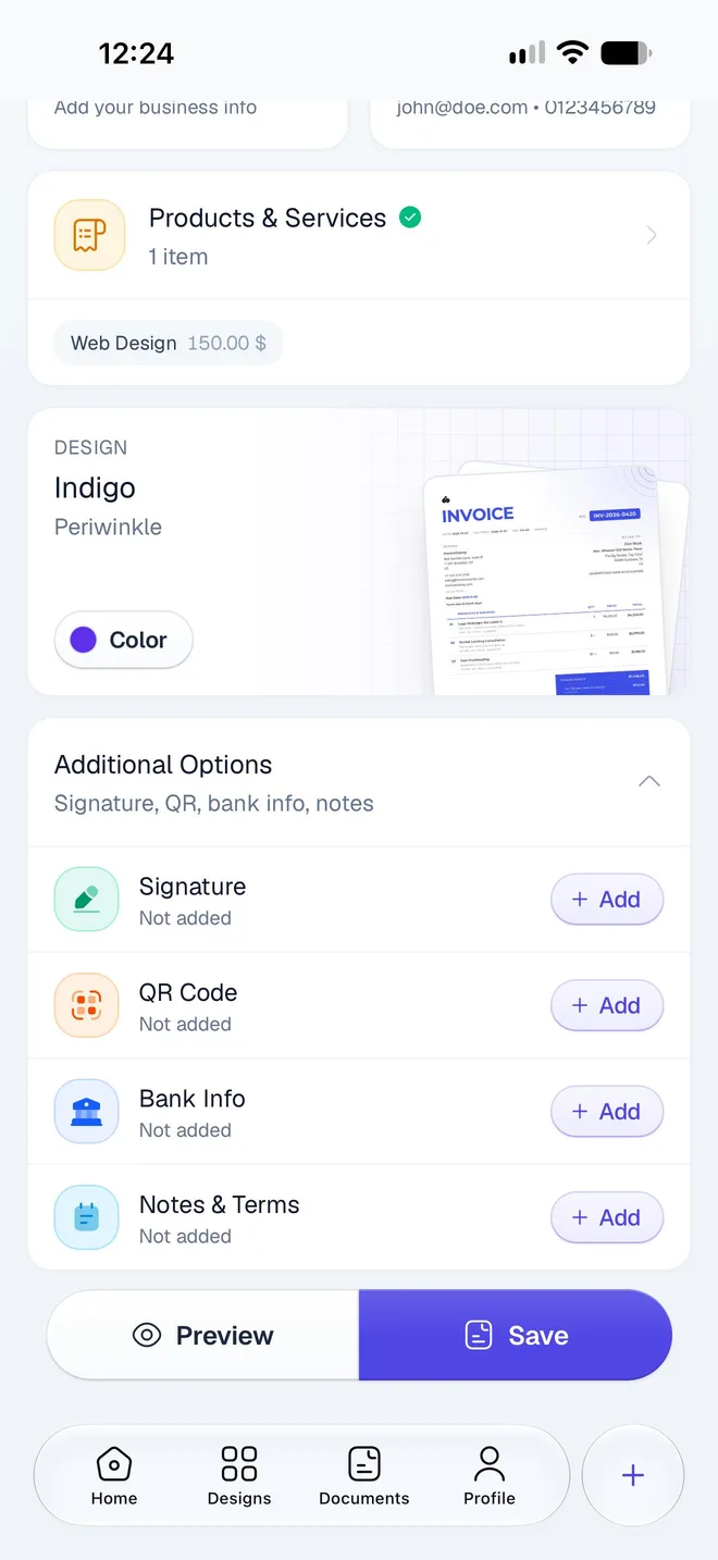 Additional Options opened, with Signature, QR Code, Bank Info and Notes & Terms each marked Not added and an Add button