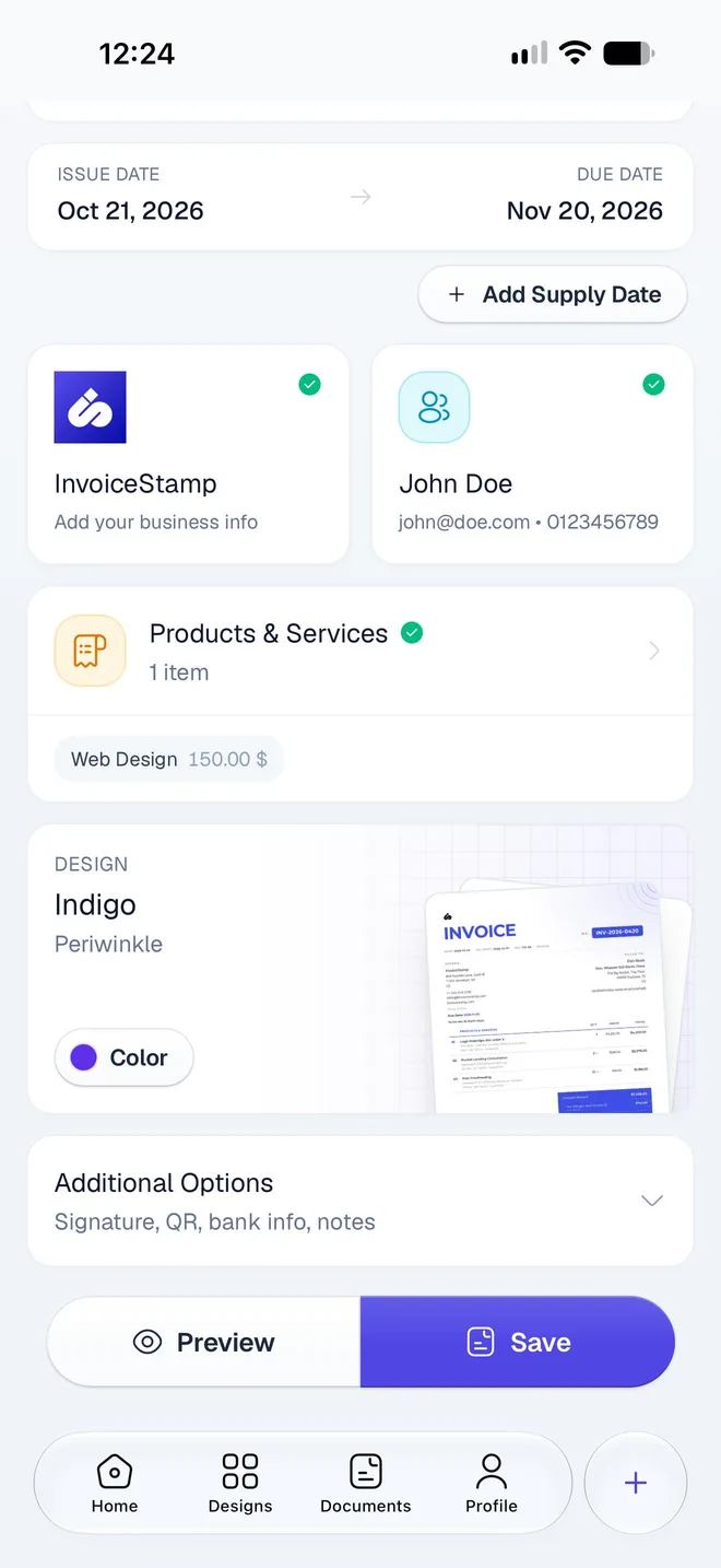 The Design card showing Indigo in Periwinkle with a Color button, and Additional Options collapsed