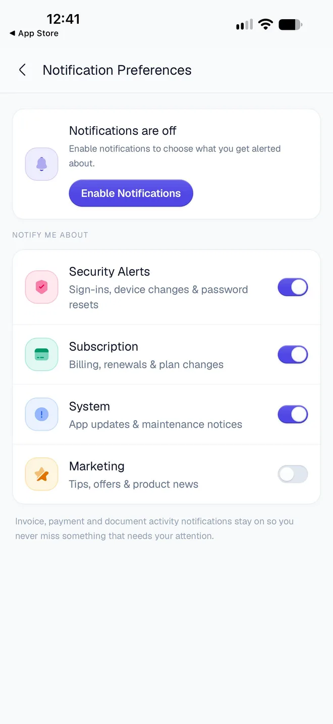 Notification Preferences with Notifications are off and an Enable Notifications button, and switches for Security Alerts, Subscription, System and Marketing