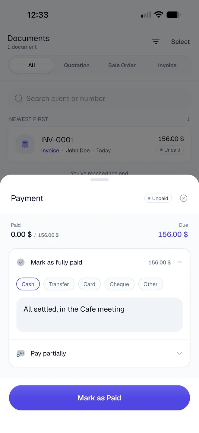 Mark as fully paid opened, with Cash selected among Cash, Transfer, Card, Cheque and Other, a note, and a Mark as Paid button