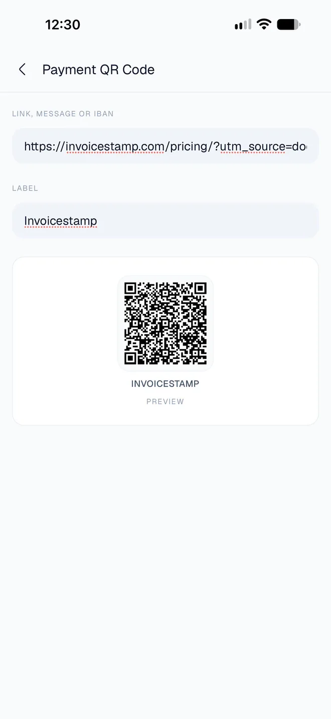 Payment QR Code with a link typed in, the label InvoiceStamp, and a preview of the QR code