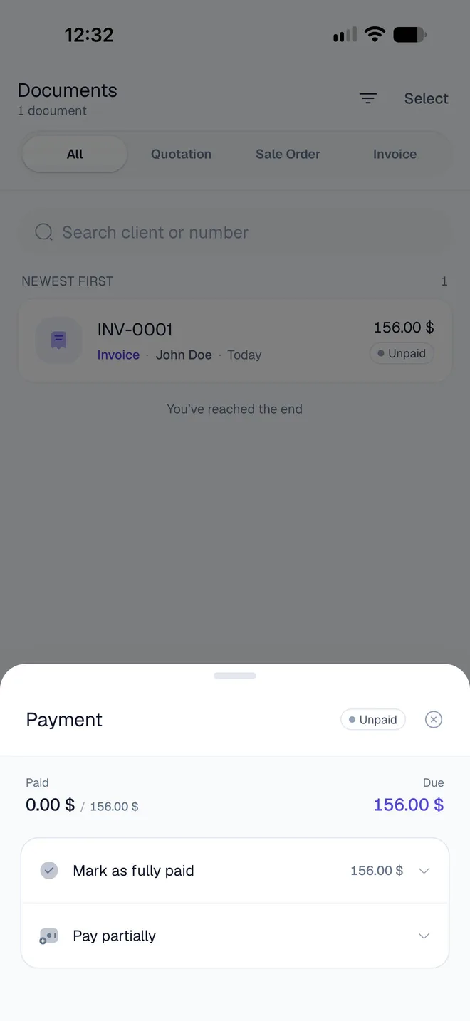 The Payment sheet for an unpaid invoice: paid 0.00 of 156.00 dollars, 156.00 due, with Mark as fully paid and Pay partially