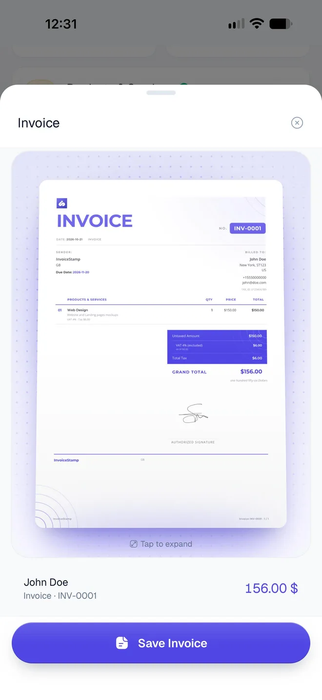 The invoice preview: INV-0001 for John Doe, Web Design 150 dollars, VAT 4 percent excluded, grand total 156 dollars, with a signature, and a Save Invoice button