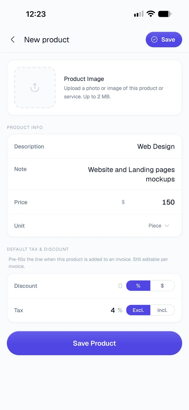 The New product form for Web Design: price 150, unit Piece, tax 4 percent excluded