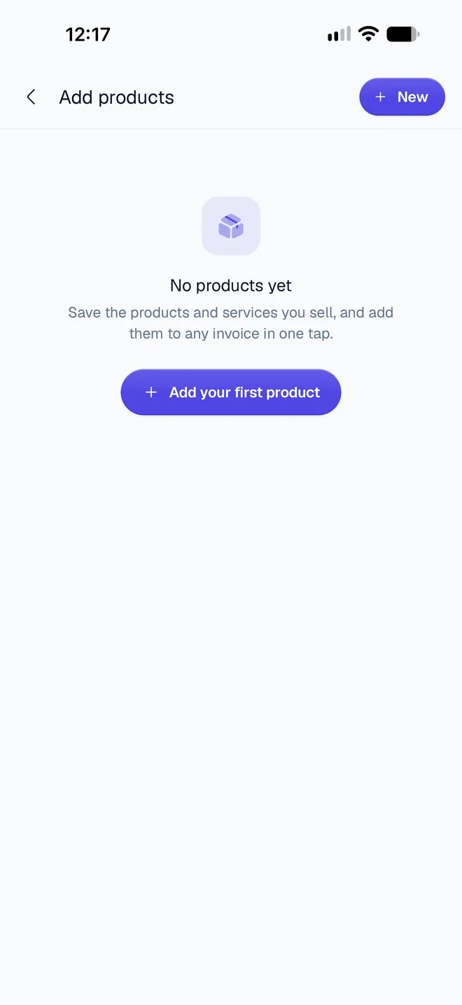 Add products with No products yet and an Add your first product button