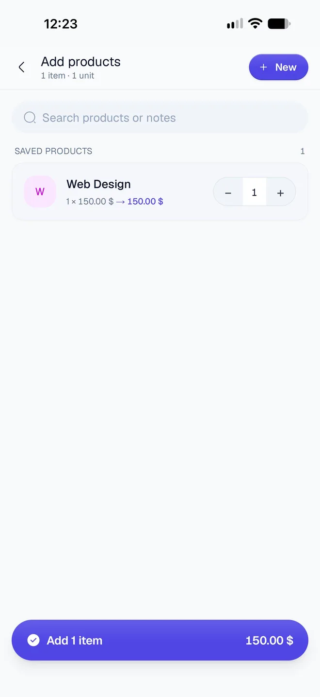 Add products with Web Design at quantity 1, 1 × 150.00 dollars, and an Add 1 item button showing 150.00 dollars