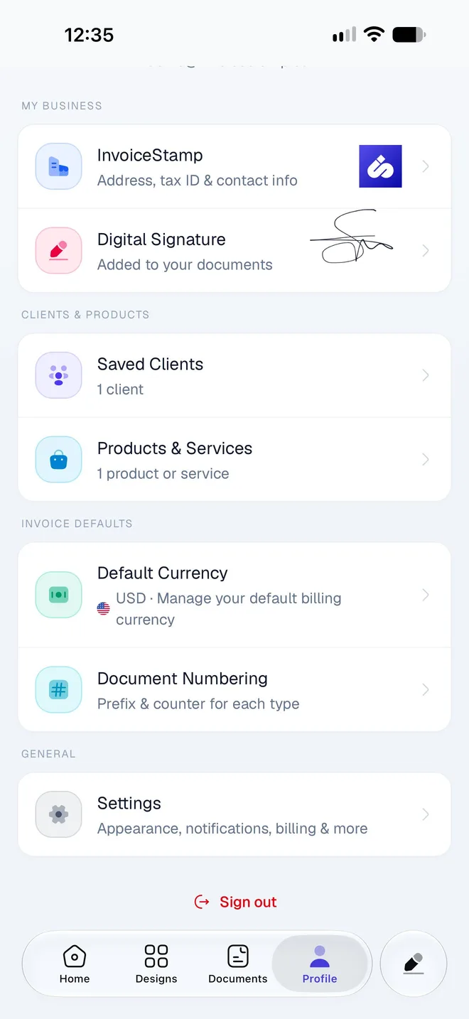The Profile tab with My Business, Clients & Products, Invoice Defaults, and Settings under General, then Sign out