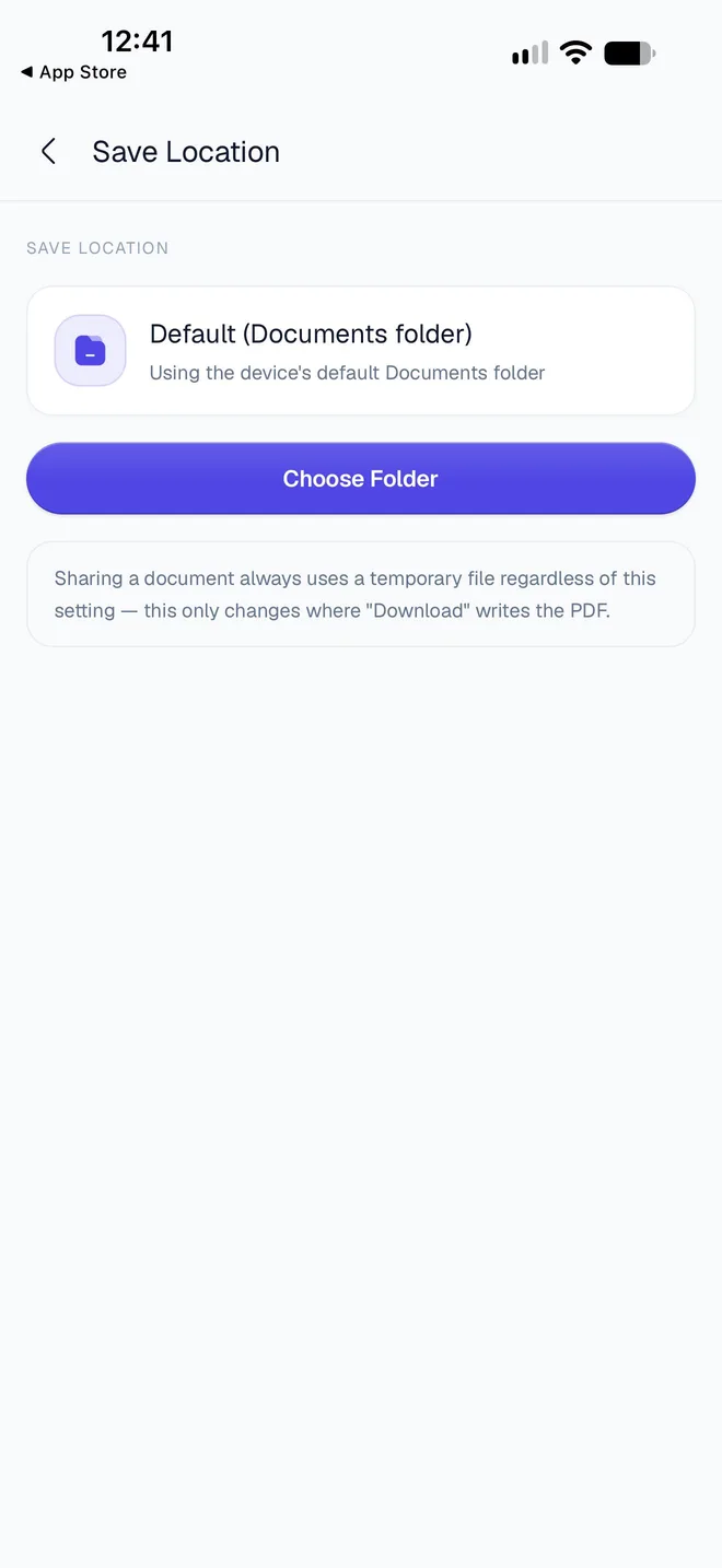 Save Location set to Default (Documents folder), with a Choose Folder button and a note that sharing always uses a temporary file