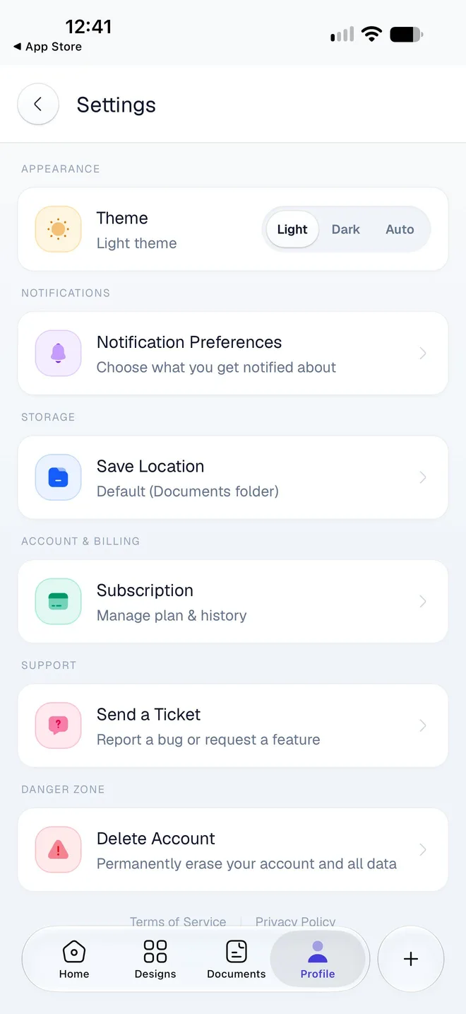 The Settings screen: Theme set to Light, Notification Preferences, Save Location, Subscription, Send a Ticket and Delete Account