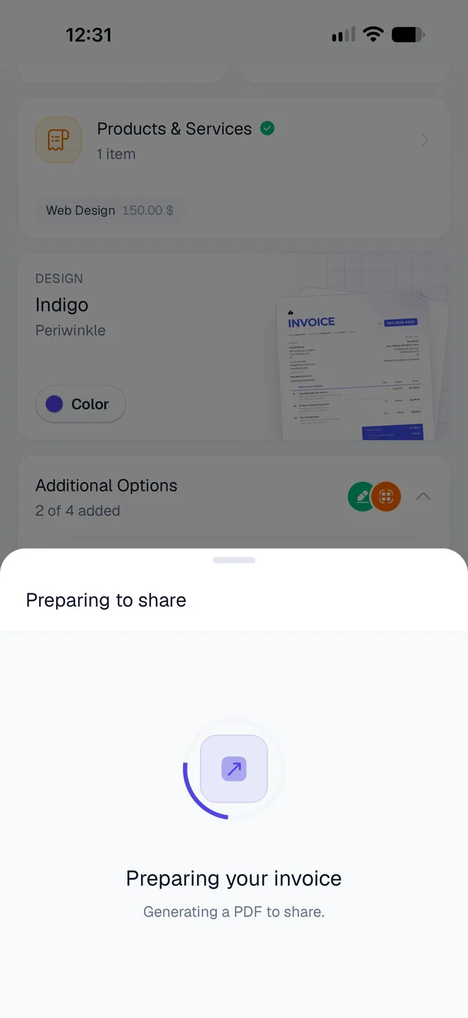 Preparing to share: Preparing your invoice, generating a PDF to share