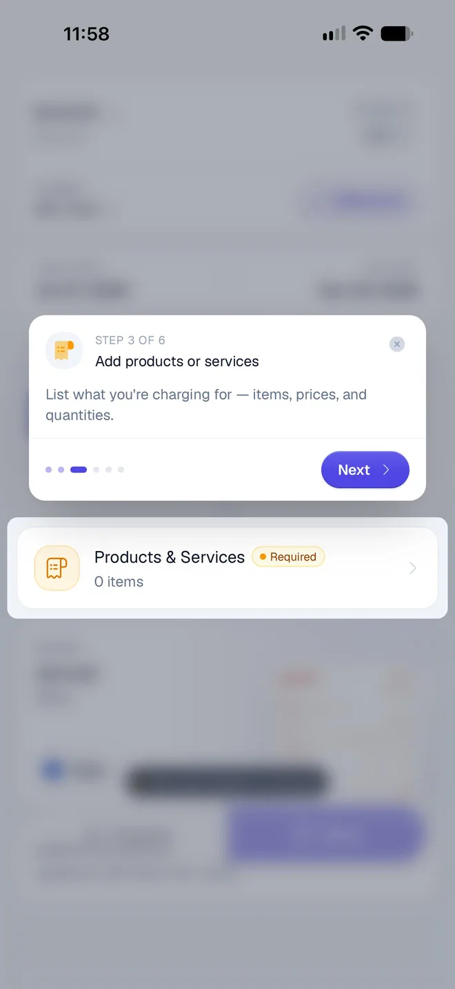 Tour step 3 of 6, Add products or services, pointing at the Products & Services card
